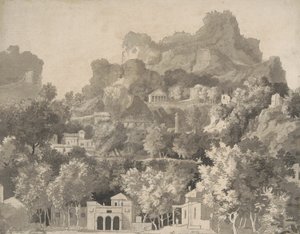 المناظر الطبيعية الصخرية مع المباني الكلاسيكية ، c.1745 (قلم وحبر مع غسل على الورق) بواسطة جيمس ديكون