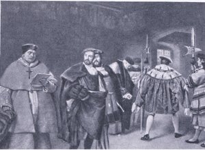 فصل الكاردينال وولسي من قبل الملك هنري الثامن ، من Cassells History of the British People الذي نشرته شركة Waverley Book Company ، c 1950s بواسطة جيمس درومجول لينتون
