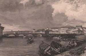 منظر لنهر أرنو في بيزا ، توسكانا ، إيطاليا ، نقش على الفولاذ بواسطة توماس هيغام (1796-1844) بعد الرسم بواسطة جيمس دوفيلد هاردينغ (1798-1863)