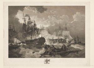 سلاج بيج كامبردين 1797 الانتصار على الأسطول الهولندي من قبل السرب البريطاني لبحر الشمال تحت قيادة الأدميرال دنكان في 11 أكتوبر 1797 (العنوان على الجسم) بواسطة فيليب جاك دو لوبيرج