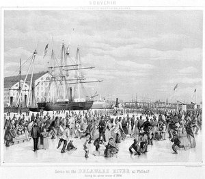مشهد لنهر ديلاوير في فيلادلفيا خلال شتاء عام 1856 ، حوالي 1860 (ليثو) (صورة بالأبيض والأسود)