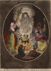 فانتاسموجوريا. - مشهد - استحضار هيكل عظمي مسلح ، 5،1803 يناير (نقش ملون يدويًا ونقش مائي على ورق منسوج) بواسطة جيمس جيلراي