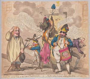 Alecto وقطارها عند بوابة Pandaemonium أو The Recruiting Sarjeant الذي يوجه جون بول إلى خدمة الثورة ، حانة. (نقش يدوي)