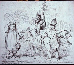 Alecto وقطارها عند بوابة Pandemonium ، أو The Recruiting Serjeant الذي يجند John Bull في خدمة الثورة ، الذي نشرته SW Fores في 1791 (حفر) بواسطة جيمس جيلراي