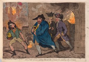 الدم وشركاه أشعلوا النار في البرج وسرقة التاج ، الحانة. 1788 (نقش ملون)