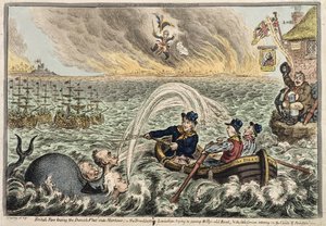 القطران البريطاني يسحب الأسطول الدنماركي إلى الميناء ، أو The Broadbottom Leviathan يحاول إغراق قارب بيلي القديم ، والكوريسي الصغير الذي يتداعى على غيوم الطموح ، 1807 (النقش الملون يدويًا)