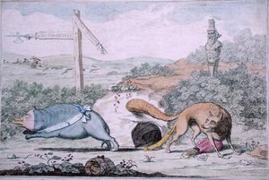 تغيير الأماكن ، أو فوكس يخرج الغرير من عشه ، الذي نشره ويليام همفري عام 1782 (نقش ملون يدويًا) بواسطة جيمس جيلراي