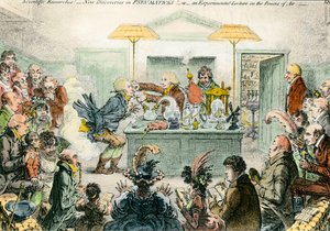 English satire on science: new discoveries in pneumatic materials. Satirical drawing on the enthusiasm for scientific conferences in the 19th century. Engraving by James Gillray (1757-1815) بواسطة جيمس جيلراي