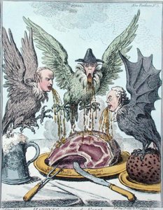 Harpyes Destroying the Feast ، التي نشرتها هانا همفري في عام 1799 (نقش ملون يدويًا) بواسطة جيمس جيلراي