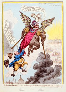 Le Diable-Boiteux ، أو الشيطان على اثنين من العصي التي تنقل جون بول إلى أرض الوعد ، نشرتها هانا همفري في عام 1806 (النقش اليدوي) بواسطة جيمس جيلراي