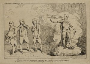 Malagrida and Conspirators ، استشارة شبح أوليفر كرومويل ، نُشرت في 10 يونيو 1782 (النقش على ورق مضغوط مرصع على ورق منسوج) بواسطة جيمس جيلراي