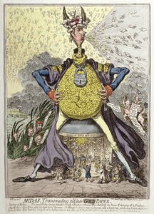 ميداس ينقل الكل إلى ورق الذهب ، نشرته هانا همفري في 1797 (النقش الملون يدويًا)
