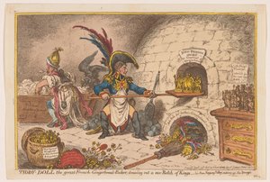 نابليون يخبز جزءًا آخر من الملوك ، 1806 تيدي دول ، الفرنسي العظيم ، الزنجبيل ، بيكر ؛ رسم مجموعة جديدة من الملوك (العنوان على الكائن) بواسطة جيمس جيلراي