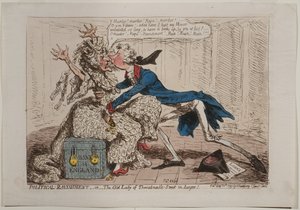 التمزق السياسي ، أو السيدة العجوز لشارع ثريدنديل في خطر !، نشرته هانا همفري ، 1797 (النقش الملون يدويًا)