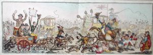 النشر في الانتخابات: مشهد على الطريق إلى برينتفورد ، نشرته هانا همفري عام 1806 (نقش ملون يدويًا) بواسطة جيمس جيلراي