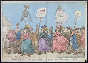 موكب إلى Hustings بعد نجاح Canvass ، نشره G. Humphrey في 1784 (النقش الملون يدويًا)