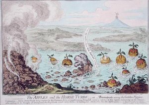 The Apples and the Horse-Turds ، أو Buonaparte بين Golden Pippins ، الذي نشرته هانا همفري في عام 1800 (نقش ملون يدويًا) بواسطة جيمس جيلراي