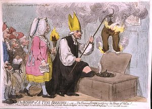 The Bishop of a Tun's Breeches ، أو The Flaming Eveque Purifying House of Office ، الذي نشرته هانا همفري عام 1792 (نقش ملون يدويًا) بواسطة جيمس جيلراي