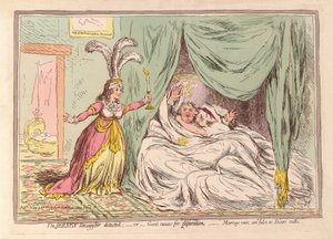 اكتشف جيرسي المهرب ، أو سبب وجيه للانفصال ، نذور الزواج كاذبة مثل قسم Dicers ، حانة. 1796 (نقش ملون) بواسطة جيمس جيلراي