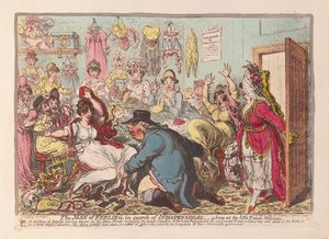 رجل الشعور الذي يبحث عن الأشياء التي لا غنى عنها ؛ مشهد في الحانة الفرنسية Milliners الصغيرة. 1800 (نقش يدوي)