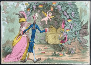 Nuptial Bower مع Evil-One مختلس النظر في سحر عدن ، نشرته هانا همفري في 1797 (النقش الملون يدويًا)