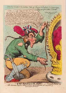 حقوق الإنسان ، أو Tomm Paine ، Little American Taylor الذي يقيس التاج لزوج جديد من الثورة المؤخرات ، حانة. 1791 (نقش يدوي)