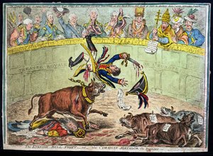 The Bull Bull Fight ، أو The Corsican Matador in Danger ، نشرتها هانا همفري في عام 1808 (النقش الملون يدويًا)