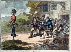 الأيرلنديون المتحدون في التدريب ، نشرته هانا همفري ، 1798 (أكواتنت)
