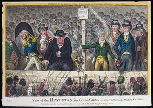 منظر لـ Hustings في Covent Garden ، نشرته Hannah Humphrey في عام 1806 (النقش الملون يدويًا باستخدام aquatint) بواسطة جيمس جيلراي