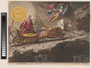 ويليام بيت فيردريفت دي دوستير كراشتن ، 1795 ضوء يطرد الظلام ، - تبخر زفير ستيجيان ، - أو - شمس الدستور ، ترتفع متفوقة على غيوم المعارضة (العنوان على الكائن) بواسطة هانا همفري