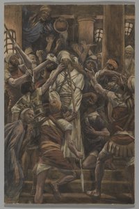 سوء المعاملة في بيت Caiaphas ، التوضيح من حياة ربنا يسوع المسيح ، 1886-1894 (مرحاض فوق الجرافيت على الورق) بواسطة جيمس جاك جوزيف تيسو