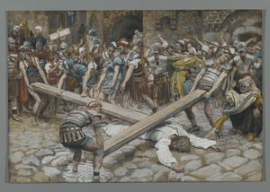 اضطر سيمون القيراني لحمل الصليب مع يسوع ، رسم توضيحي من حياة ربنا يسوع المسيح ، 1886-1894 (مرحاض على الجرافيت على ورق) بواسطة جيمس جاك جوزيف تيسو