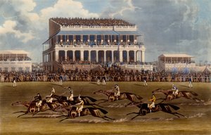 المنصة الكبرى في سباقات إبسوم ، مطبوعة من تأليف تشارلز هانت ، 1836 (أكواتينت)