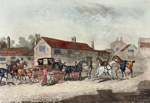 The Mail Coach Changing Horses ، نقشها R. Havell ، 1815