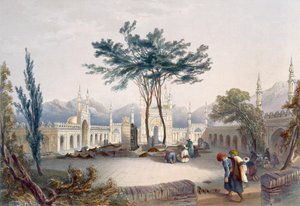 مسجد Goolaum Hoossein Huzrut-Jee ، النبي العظيم من الأفغون ، ومقابر الملوك في قندهار ، اللوحة 30 من "مشهد ، سكان وأزياء أفغانستان" ، نقشها R. Carri بواسطة جيمس راتراي