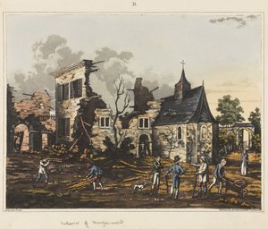 منظر داخلي لهوجومونت ، من "حساب تاريخي لمعركة واترلو" ، 1817 (ألوان مائية)