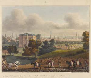 مدينة بروكسل ، من مدخل Foret de Soignes ، مع الحاجز ، 1815 ، من "حساب تاريخي لمعركة واترلو" ، 1817 (ألوان مائية)