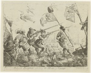 Spotprent op Goejanverwellesluis، 1787 الوطنيون البرغر يهاجمون بيت أورانج (العنوان على الشيء)
