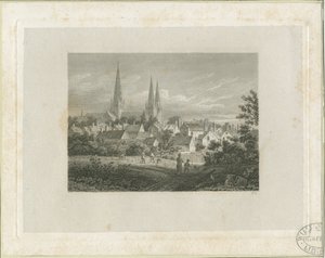 كاتدرائية ليتشفيلد - منظر شمالي شمالي غربي (بعيد): نقش ، بدون تاريخ [عام 1816] (طباعة) بواسطة جيمس ستورر