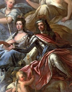 سقف القاعة المرسومة ، تفاصيل الملك ويليام الثالث 1650-1702 والملكة ماري الثانية 1662-94 المحاصر ، 1707-14 انظر 208087 بواسطة جيمس ثورنهيل
