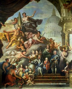 اللوحة الجدارية الخلفية للقاعة العليا التي تمجد جورج الأول (1660-1727) وبيت هانوفر ، 1718-24 (انظر أيضًا 208091 ، 7797 und 28499) بواسطة جيمس ثورنهيل