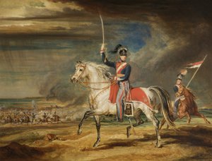 السير جون ليستر ، بت ، يمارس فوجته من شيشاير يوماني على الرمال في ليفربول ، 1824 بواسطة جيمس وارد