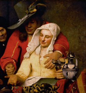 A man holds out a coin to a woman touching her breast, detail from The Procuress