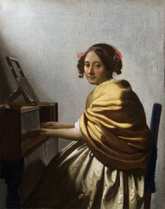 "" امرأة شابة جالسة في عذراء "(امرأة شابة جالسة في عذراء) لوحة رسمها جان فيرمير (يوهانس) (1632-1675) حوالي 1670 خافت 25.1 × 20 سم مجموعة خاصة