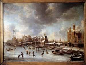 المناظر الطبيعية الشتوية. المتزلجين على بحيرة متجمدة. لوحة بورستاتن (1622-1666) القرن السابع عشر. برلين ، متحف Staatliche بواسطة جان أبراهامز. معدلات البيرة