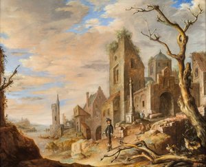 منظر طبيعي للنهر مع مدينة من القرون الوسطى بواسطة Jan Adriansz van Staveren