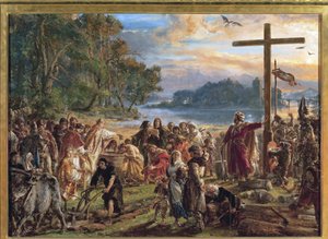 La chhristiannisation de la Pologne ، 966 - تنصير بولندا ، 966. من سلسلة تاريخ الحضارة في بولندا ، بقلم ماتيكو ، يان ألويزي (1838-1893). زيت على خشب