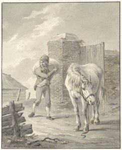 رجل يحمل حقيبة على كتفه مع حصان غير مقيد