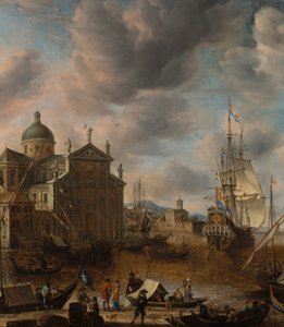 ميناء "كابريشيو" متوسطي مع شخصيات تتحدث على رصيف ورباط هولندي بثلاثة أسياد ، 1665 بواسطة جان بيرستراتن