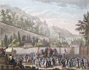 نساء Les Halles في Auteuil عند إحضار العائلة المالكة الفرنسية إلى باريس من فرساي في 6 أكتوبر 1789 ، 1796